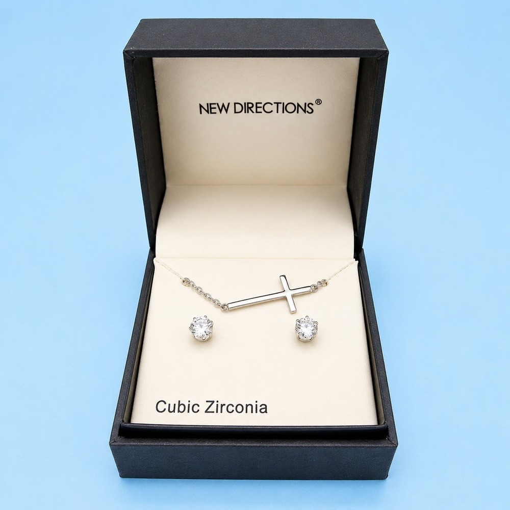 New Directions CZ Cross Necklace & Stud Earrings Gift Set Silver Tone -3402